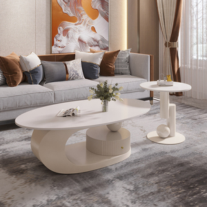 Modern Cream Wind Living Room Tea <strong>Table</strong> Combination Oval Coffee <strong>Table</strong> and <strong>Side</strong> <strong>Table</strong> <strong>Set</strong> with Marble Top and Metal Frame - Product Image 3