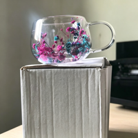 Mug à café en verre borosilicate à double paroi avec motif de fleurs séchées, tasse à lait et à eau avec poignée pour la décoration de la maison, les fêtes, les mariages, les bars