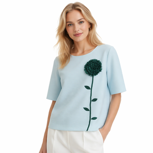 Camicetta Estiva da <span class=keywords><strong>Donna</strong></span> in Stile Francese Vintage con Ricami Floreali 3D in Poliestere Plissettato a <span class=keywords><strong>Mezza</strong></span> <span class=keywords><strong>Manica</strong></span> - Product Image 2