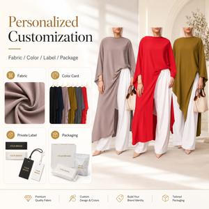 Set Musulmano in Due Pezzi Stile Turco con Logo Personalizzato, Abaya Irregolare Modesta e Pantaloni a Gamba Larga, Abbigliamento Islamico da Donna OEM - Product Image 5