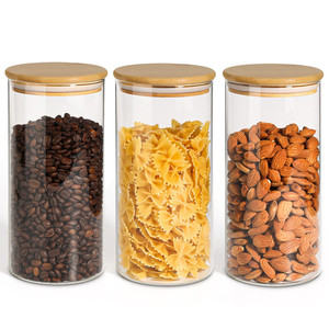 Bộ <span class=keywords><strong>3</strong></span> Lọ Thủy Tinh Lưu Trữ Thực Phẩm Tròn 60Oz Có Nắp Đậy Bằng Tre Cho Mì Ngũ Cốc Bột Gạo Đường Trà Cà Phê - Product Image 1