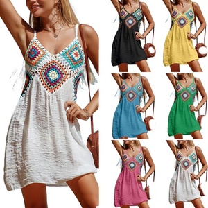 Robe de plage en maille respirante à col en V, style européen et américain, patchwork cousu à la main, motif coloré - Product Image 1