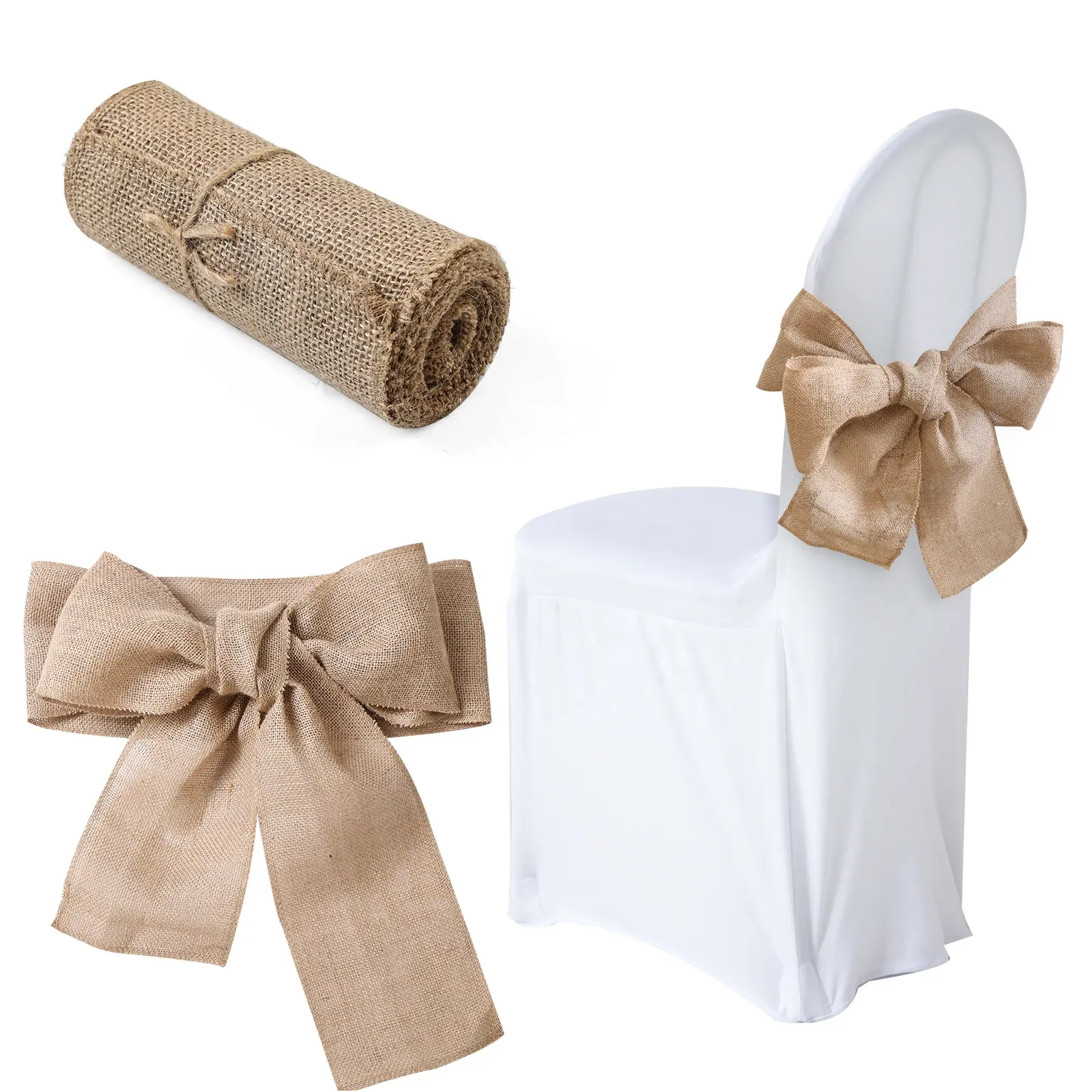 Natural Burlap Chair Bow Sash Jute Country Vintage Hessian Chair Ties For Wedding