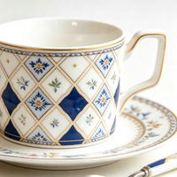 Ensemble tasse à café et soucoupe en céramique 220 ml avec cuillère, motif bleu et or, pour la maison ou le café
