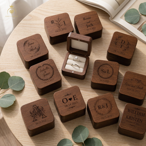 GOWT <b>CUSHION</b> Wooden Square Ring Box Engraved <b>Personalized</b> Wedding Gift Handmade Tabletop Decoration - Product Image 1