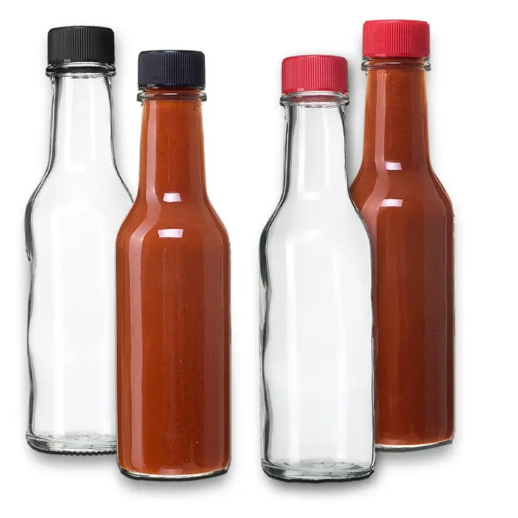 Bouteille de sauce chaude claire ronde de 5oz Mini bouteille en verre de 150ml Bouteilles en verre de sauce tomate chili avec bouchon à vis