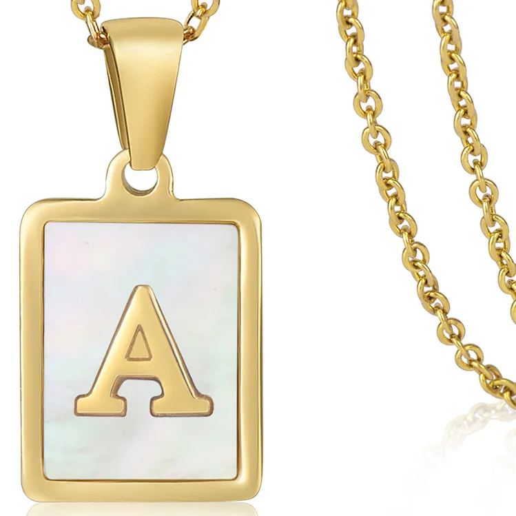INS hot selling 18 k gold plated stainless steel square shell initial letter pendant necklace for women