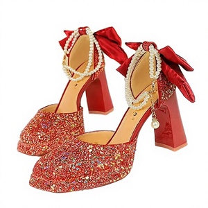 Zapatos de Novia de Tacón Alto de 9 cm con una Sola Tira, Lazo Francés, Cadena de Perlas, Punta Cuadrada, Plataforma Impermeable y Cuña Gruesa con Lentejuelas - ¡Venta Caliente! - Product Image 2
