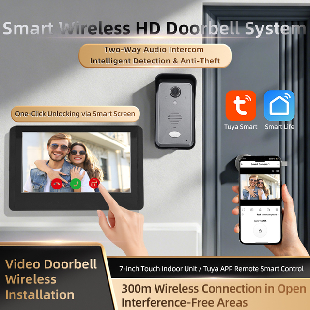 Tuya Smart Wireless Doorbell Camera with 7 Inch Touch Screen WiFi Home Intercom Security System with Remote Unlock