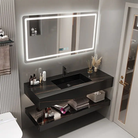 Salle de bain moderne murale en marbre fritté pierre intégré lavabo flottant double vasque de salle de bain avec miroir