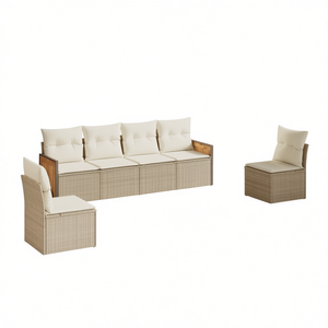 Ensemble de canapés de jardin beige crème blanc, meubles d'extérieur en rotin, 4 places, résistant aux intempéries, structure en teck - Product Image 1