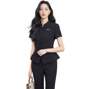 Chinese Style Stand Up Collar Short Sleeve Suit Set Women Summer Thin Professional Hotel Receptionist Work Uniform Short Skirt - Product Image 5