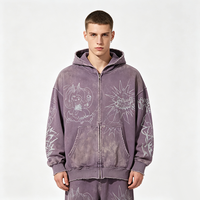 Sweat à capuche zippé lavé et vieilli couleur lavande, motif graffiti abstrait Kornit DTG, coupe oversize