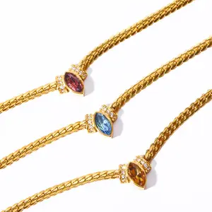 Moda Impermeável Não Tarnish Jóias Aço Inoxidável Flat Chain Link 18K Banhado A Ouro Zircon Crystal Stone Necklace