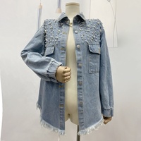 Kustom Label pribadi jaket jins biru jaket Denim Rivet wanita dengan rumbai tepi