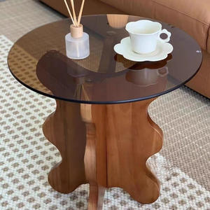 Mesa Auxiliar de Estilo Retro Francés con Pétalos, Mesa de Centro de Madera Maciza con Vidrio Templado en Forma de Ola, Redonda de 50 cm de Diámetro, Moderna para Sala de Estar - Product Image 1