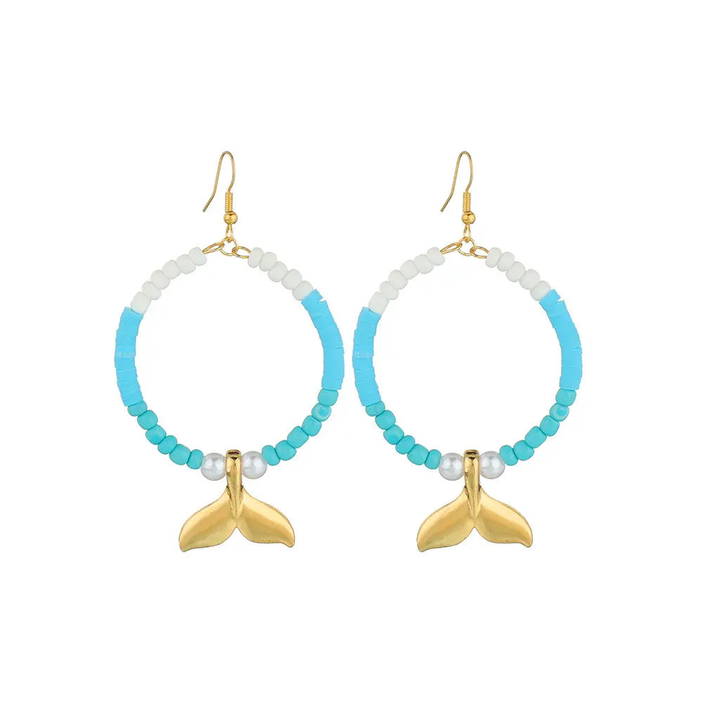 AA01146 Round Rice Beads Fishtail Pendant Ladies Fashion Big Earrings Jewelry Wholesale
