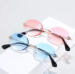 Versandfertig 2024 Vintage retro-Sonnenbrille Herren Damen Mode Metallrahmen ovale randlose Sonnenbrille