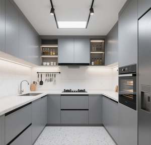 Gabinetes de Cocina Modernos en Forma de U SANTOPOVA en Gris con Encimera de Cuarzo Blanco y Electrodomésticos Integrados - Product Image 2