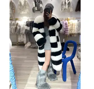 black and white striped fur coat for women's winter warmth, real fox fur coat for warmth, medium length women's coat, luxurious
