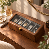 Boîte de rangement pour montres en bois massif à 5 emplacements avec intérieur en velours pour la chambre à coucher, la commode ou le comptoir