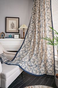 Rideaux en coton et <span class=keywords><strong>lin</strong></span> imprimés de roses bleues américaines modernes <span class=keywords><strong>Tissu</strong></span> semi-occultant Design perforé pour la maison Salon Été - Product Image 2