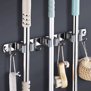 Zhenshangxing Stainless Steel <b>Mop</b> Holder <b>Wall</b> Mounted Chrome Finish Punch Free Multi Functional Rectangle Storage Clip Hook - Product Image 1
