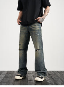 Marchio personalizzato Drop Ship Stock Street Wear Stock produttore di <span class=keywords><strong>Jeans</strong></span> larghi da <span class=keywords><strong>uomo</strong></span> <span class=keywords><strong>blu</strong></span> verniciato in <span class=keywords><strong>Jeans</strong></span> svasati impilati - Product Image 2