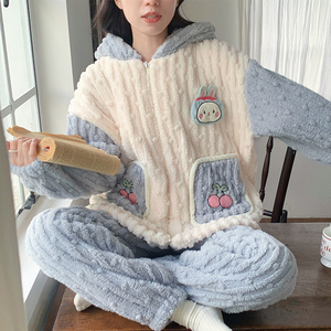 Pijamas de invierno para mujer con cremallera de felpa con capucha de dibujos animados lindo uso diario pijamas conjuntos de ropa de dormir - Product Image 2