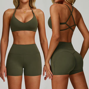 Setelan pakaian olahraga wanita, grosir pakaian aktif wanita Bra Legging 2 potong Set pakaian olahraga pinggang tinggi kebugaran Gym Yoga Set untuk wanita - Product Image 1