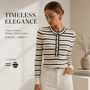 Classic Striped Knitted Eco-Friendly Vintage <b>Cardigan</b> Women Lantern Sleeve Crew Neck <b>Lace</b> Front Elegant Top Regular Fit Autumn - Product Image 1