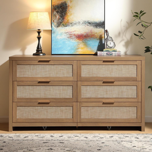 Ensemble de commode en rotin Rangement à 6 tiroirs avec poignées en rotin et or pour chambre principale ou salon - Product Image 1