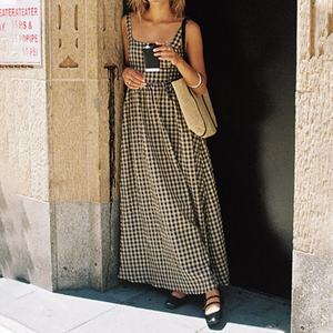 Nouvelle robe maxi en coton à carreaux pour femme, col carré, dos nu, coupe ajustée, robe maxi pour soirée - Product Image 1