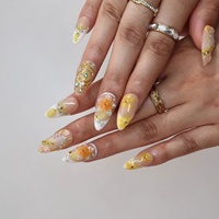 Kuku Akrilik Warna Kuning Sinar Matahari Musim Panas, Model Almond Press-on, Gradasi Kuning Nude, Bunga 3D, French Tip, Berhias Rhinestone, Dapat Disesuaikan, Grosir