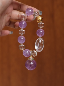 Pulsera de cuentas de amatista natural, brazalete de cristal con diamantes de imitación, cuentas redondas moradas, regalo de joyería - Product Image 2