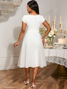 AM050323 collo quadrato manica corta Organza semplice tubino bianco abiti da sposa <span class=keywords><strong>Midi</strong></span> con cintura - Product Image 3