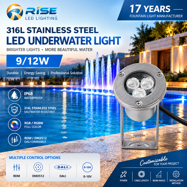 RGBW 4in1 Marine LED Underwater 316L Stainless Steel 24V DC 12W IP68 DMX Fountain Lights Warm White 3-Year Warranty Ra80