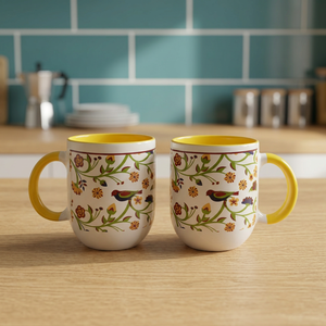 Ceramic Coffee Mugs Floral Bird Pattern Yellow Interior Durable <b>Tea</b> Drinking <b>Set</b> - Product Image 2