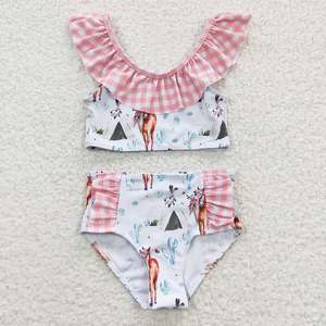 Traje de Baño de <span class=keywords><strong>Dos</strong></span> Piezas para Niñas, Estampado de Caballos y Cactus del Oeste, con Volantes y Cuadros Rosas, Venta al Por Mayor - Product Image 6