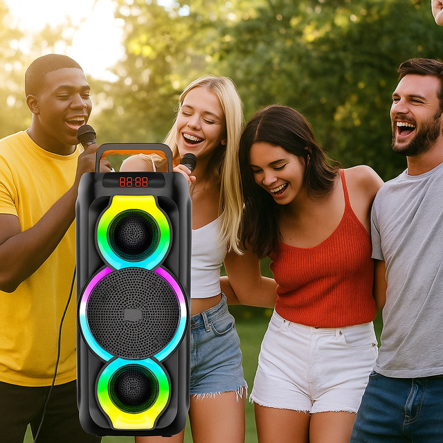 Outdoor for IPX2 Waterproof 3-Loudspeaker Party Trolley Portable Mini Karaoke Speaker RGB Lights Built-in Mic Subwoofer