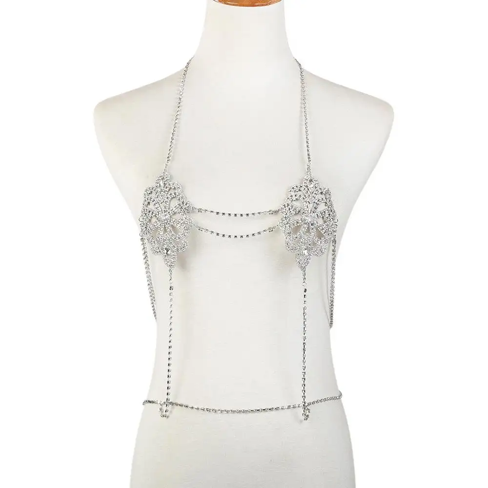 Sexy Charm Rhinestone Bra Body Chain for Women Flower Crystal Body Jewelry Belly Chain Chest Chain Top Jewelry