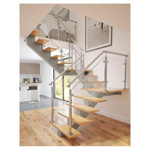 Escalera Moderna Interior de Acero con Viga Central, Escalones de Madera Maciza y Barandilla de Vidrio - Product Image 4