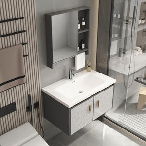 Lavabo integrado de estilo crema personalizable, lavabo de baño, combinación de gabinete, lavabo redondeado para tocadores de baño de salón - Product Image 1