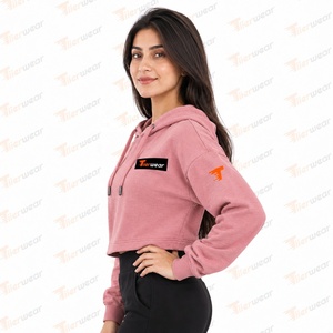 Tiiierwear <b>Women's</b> <b>Pink</b> Cropped <b>Hoodie</b> Solid Color Casual Cotton Blend Sweatshirt with Front Logo Print Autumn Wear - Product Image 3