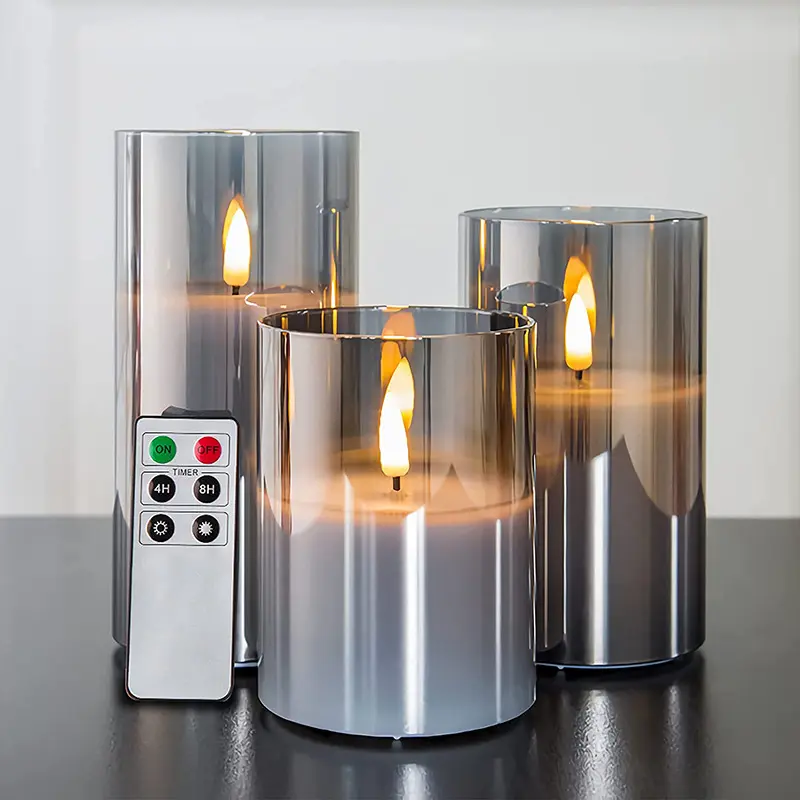 Velas de vidro sem chama LED conjunto de 3 velas pilares cintilantes com temporizador remoto
