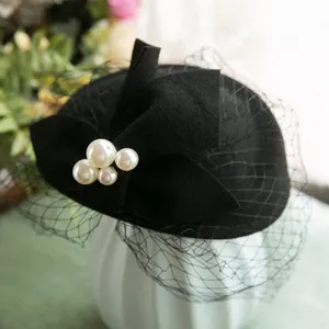 100% Boutique in lana Cashmere elegante da donna cappello a fiocco con velo, celebrità autunno inverno copricapo da sposa per festa del tè