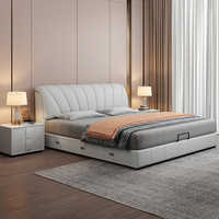 Lit double Queen moderne simple en cuir souple avec rangement pneumatique et fonction modulaire pour petites et grandes chambres à coucher principales à usage domestique