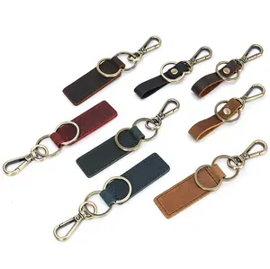 Luxury Vintage Brown Embossed Genuine Leather Strap Cowhide Leather Keychain With Logo