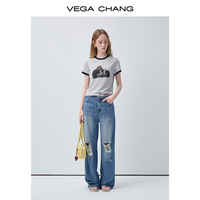 T-shirt court en coton gris marine VEGA CHANG pour femme avec bordure côtelée contrastante, col rond et imprimé motif chiot mignon et sac à lettres