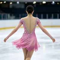 Robe de patinage artistique rose avec appliques 3D, décolleté plongeant, dos ouvert, ornée de strass, manches longues en maille, pour adultes et enfants, danse sur glace